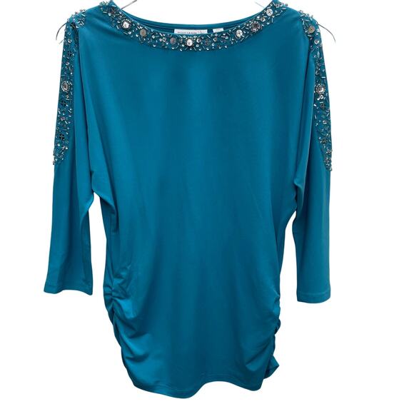 Susan Graver Blue Liquid Knit Sequin Bead Embellished Ruched Top Size XXS  NWOT - Picture 1 of 10